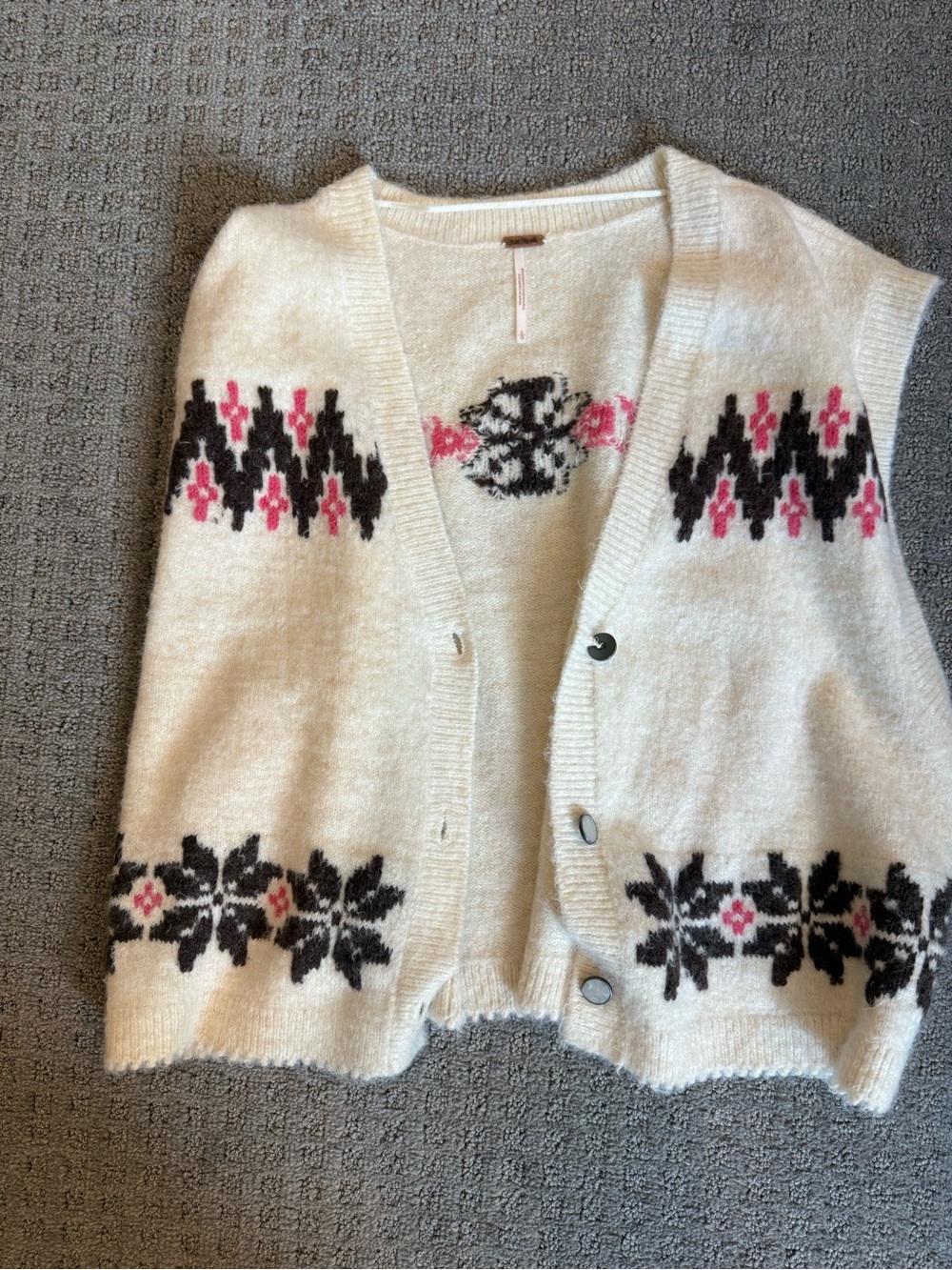 Free People Cream Knit Button-Front Vest with Black & Pink Fair Isle Motifs